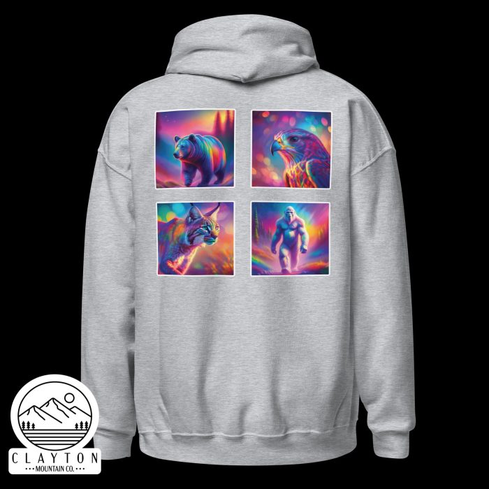 Clayton Mountain Co. - Clayton, GA - Wildlife Psychedelic Spirit Blended Hoodie | Vibrant North Georgia Design - Unisex Heavy Blend Hoodie Sport Grey Back 