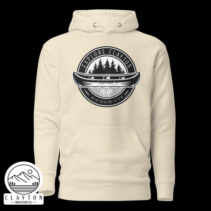 Clayton Mountain Co. - Clayton, GA - Explore Clayton Cotton Hoodie - Canoe Adventure Sweatshirt - Unisex Premium Hoodie Bone Front 