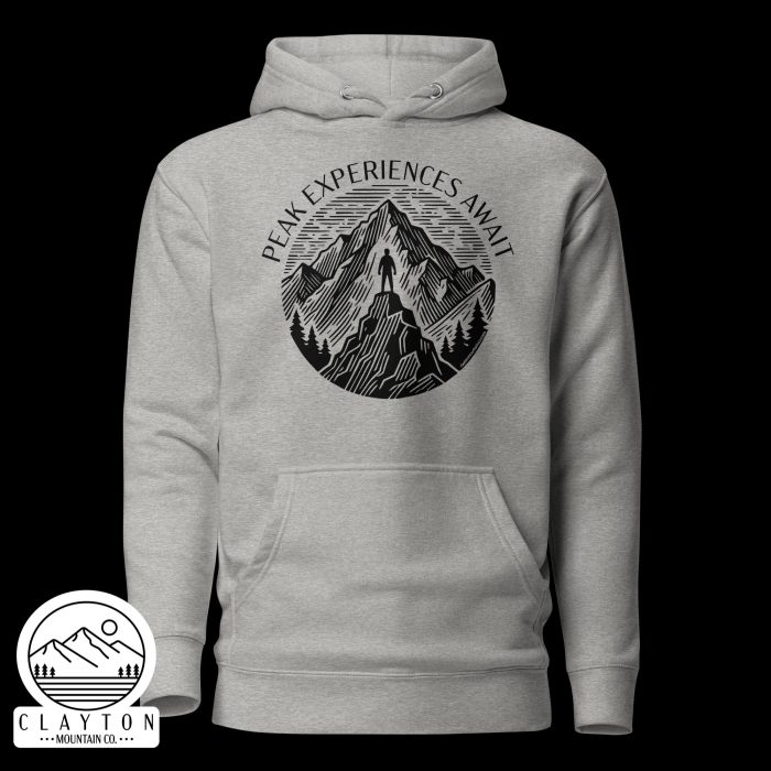 Clayton Mountain Co. - Clayton, GA - Peak Experiences Await Cotton Hoodie - Hiking Adventure Sweatshirt - Unisex Premium Hoodie Carbon Grey Front 