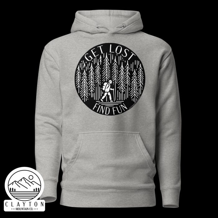 Clayton Mountain Co. - Clayton, GA - Get Lost, Find Fun Cotton Hoodie - Hiking Adventure Sweatshirt - Unisex Premium Hoodie Carbon Grey Front 