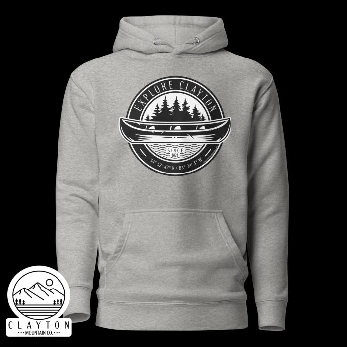 Clayton Mountain Co. - Clayton, GA - Explore Clayton Cotton Hoodie - Canoe Adventure Sweatshirt - Unisex Premium Hoodie Carbon Grey Front 