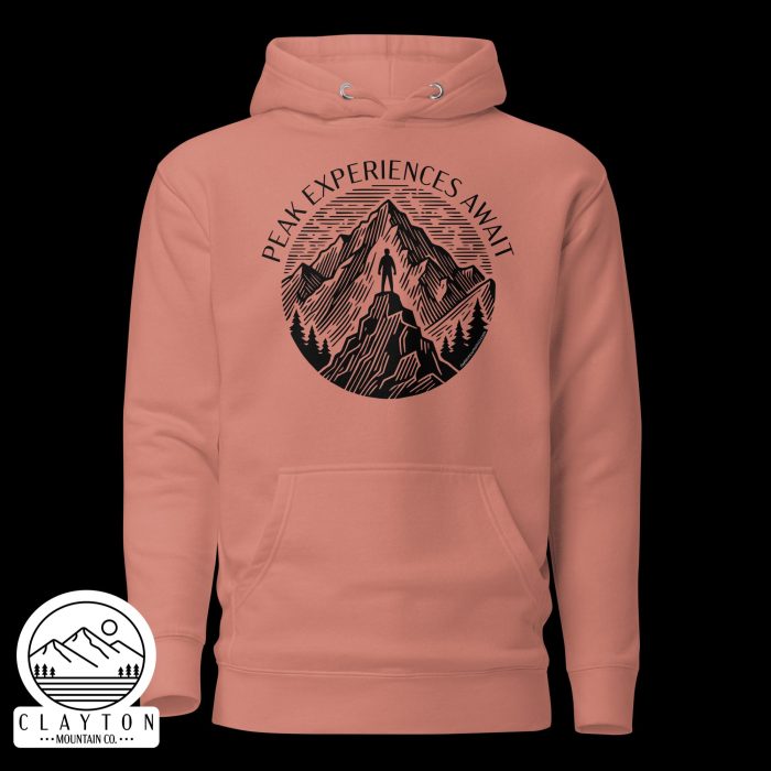 Clayton Mountain Co. - Clayton, GA - Peak Experiences Await Cotton Hoodie - Hiking Adventure Sweatshirt - Unisex Premium Hoodie Dusty Rose Front 