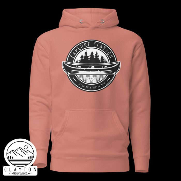 Clayton Mountain Co. - Clayton, GA - Explore Clayton Cotton Hoodie - Canoe Adventure Sweatshirt - Unisex Premium Hoodie Dusty Rose Front 