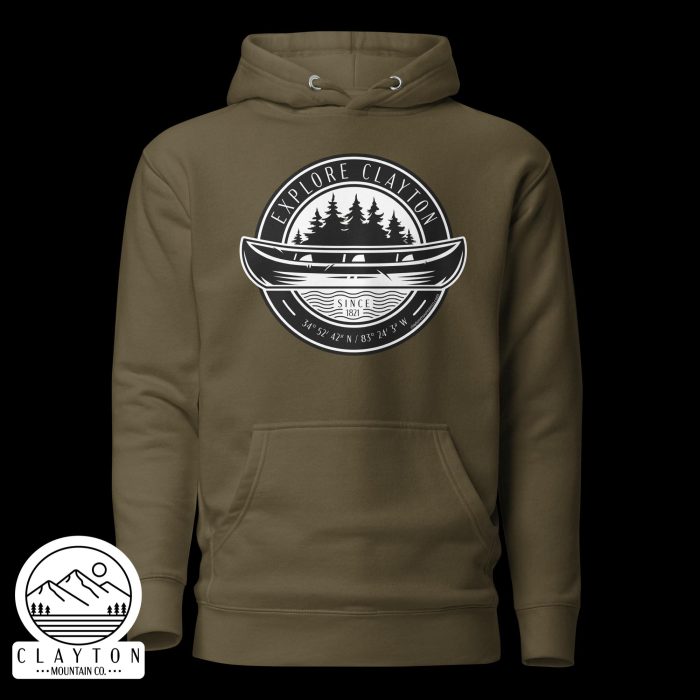 Clayton Mountain Co. - Clayton, GA - Explore Clayton Cotton Hoodie - Canoe Adventure Sweatshirt - Unisex Premium Hoodie Military Green Front 