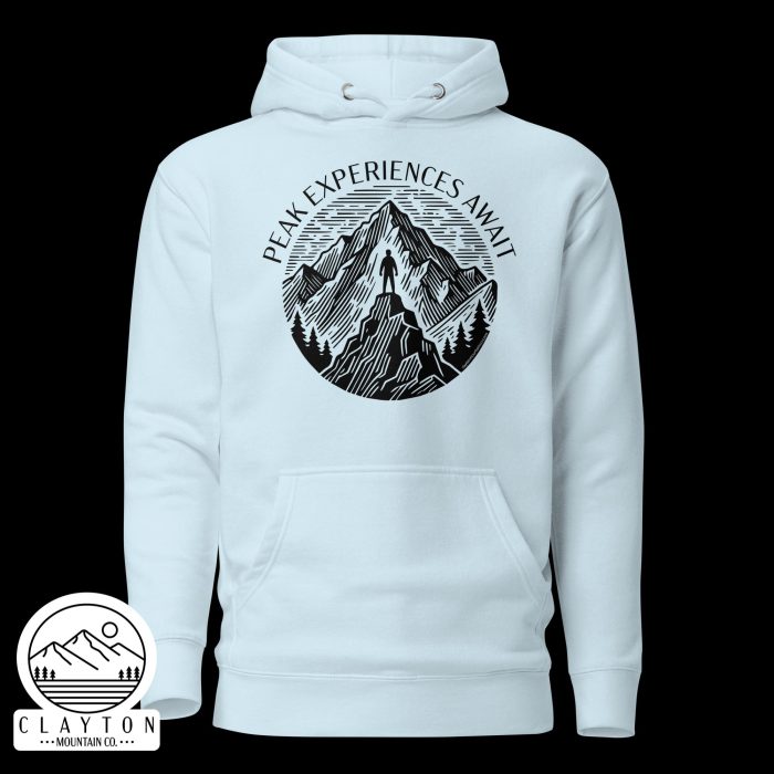 Clayton Mountain Co. - Clayton, GA - Peak Experiences Await Cotton Hoodie - Hiking Adventure Sweatshirt - Unisex Premium Hoodie Sky Blue Front 