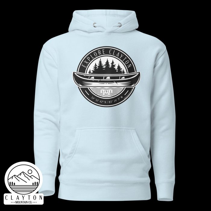 Clayton Mountain Co. - Clayton, GA - Explore Clayton Cotton Hoodie - Canoe Adventure Sweatshirt - Unisex Premium Hoodie Sky Blue Front 