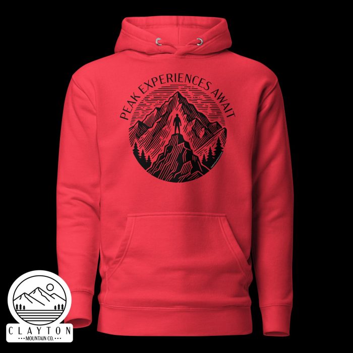 Clayton Mountain Co. - Clayton, GA - Peak Experiences Await Cotton Hoodie - Hiking Adventure Sweatshirt - Unisex Premium Hoodie Team Red Front 