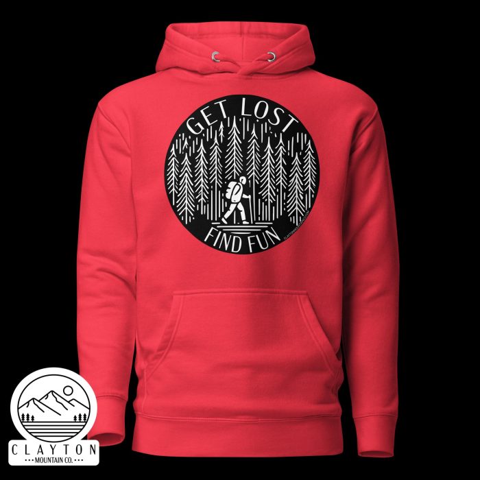 Clayton Mountain Co. - Clayton, GA - Get Lost, Find Fun Cotton Hoodie - Hiking Adventure Sweatshirt - Unisex Premium Hoodie Team Red Front 