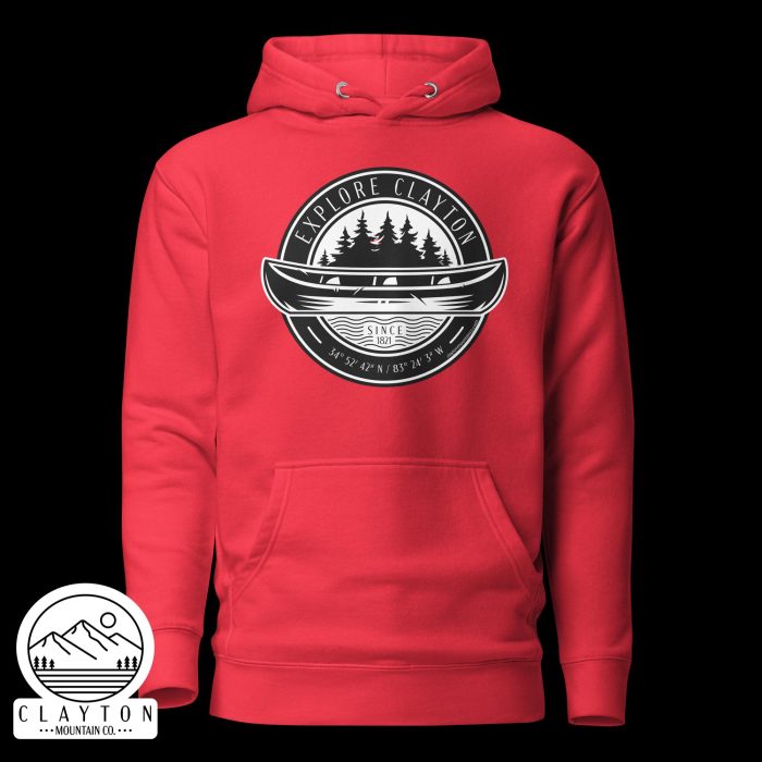 Clayton Mountain Co. - Clayton, GA - Explore Clayton Cotton Hoodie - Canoe Adventure Sweatshirt - Unisex Premium Hoodie Team Red Front 