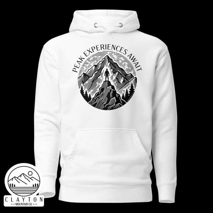 Clayton Mountain Co. - Clayton, GA - Peak Experiences Await Cotton Hoodie - Hiking Adventure Sweatshirt - Unisex Premium Hoodie White Front 