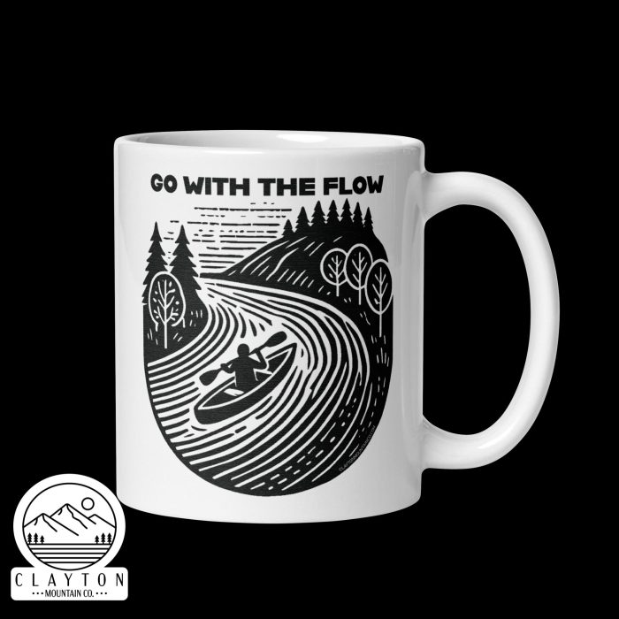 Clayton Mountain Co. - Clayton, GA - Go With The Flow Ceramic Coffee Mug - White Glossy Mug White 11 Oz Handle On Right 