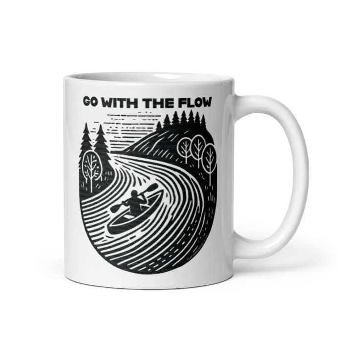 Clayton Mountain Co. - Clayton, GA - Go With The Flow Ceramic Coffee Mug - White Glossy Mug White 11 Oz Handle On Right