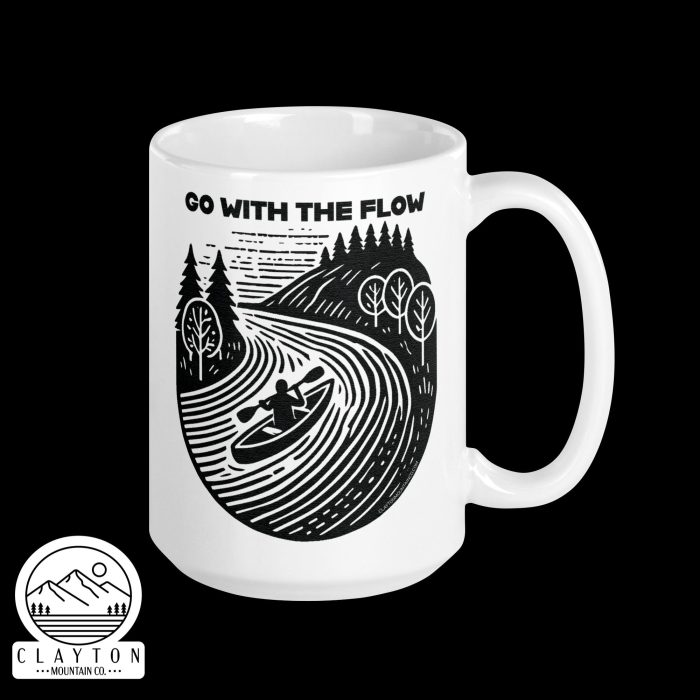 Clayton Mountain Co. - Clayton, GA - Go With The Flow Ceramic Coffee Mug - White Glossy Mug White 15 Oz Handle On Right 