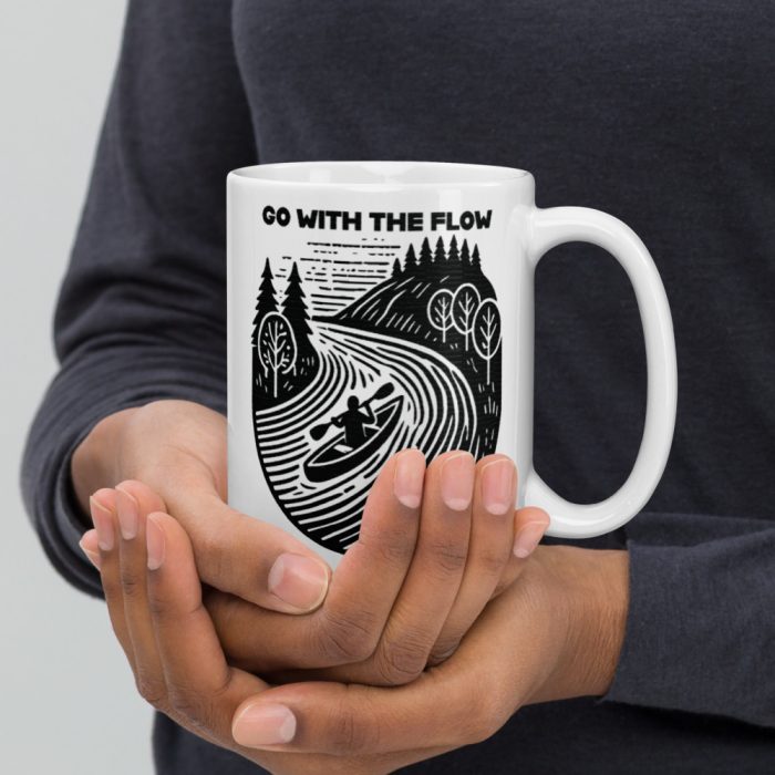 Clayton Mountain Co. - Clayton, GA - Go With The Flow Ceramic Coffee Mug - White Glossy Mug White 15 Oz Handle On Right