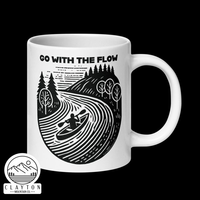 Clayton Mountain Co. - Clayton, GA - Go With The Flow Ceramic Coffee Mug - White Glossy Mug White 20 Oz Handle On Right 