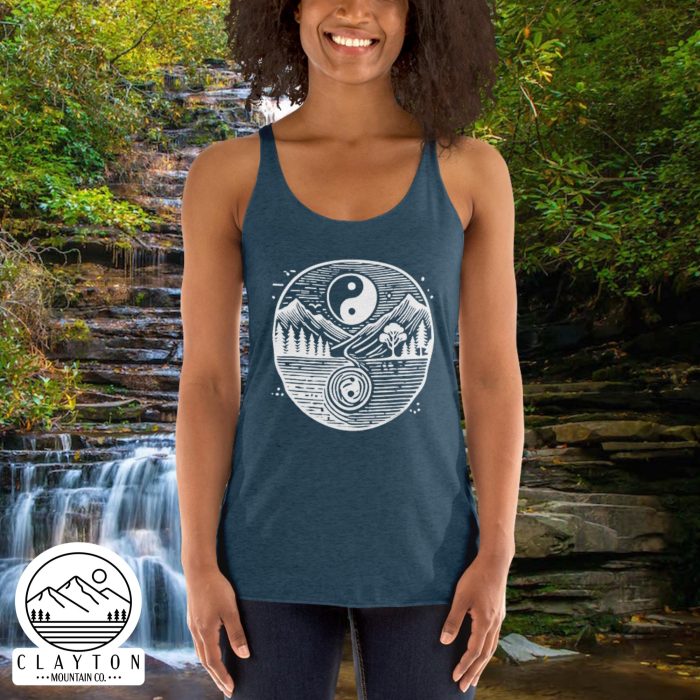 Harmonic Peaks Women's Racerback Tank – Balance, Comfort, and Style - Clayton, GA -Womens-Racerback-Tank-Top-Indigo-Front