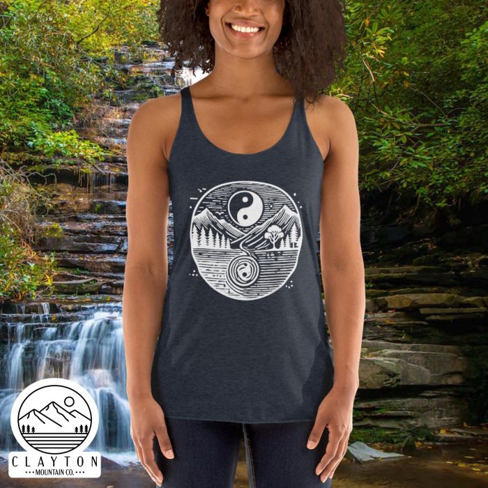 Harmonic Peaks Women's Racerback Tank – Balance, Comfort, and Style - Clayton, GA -Womens-Racerback-Tank-Top-Vintage-Navy-Front