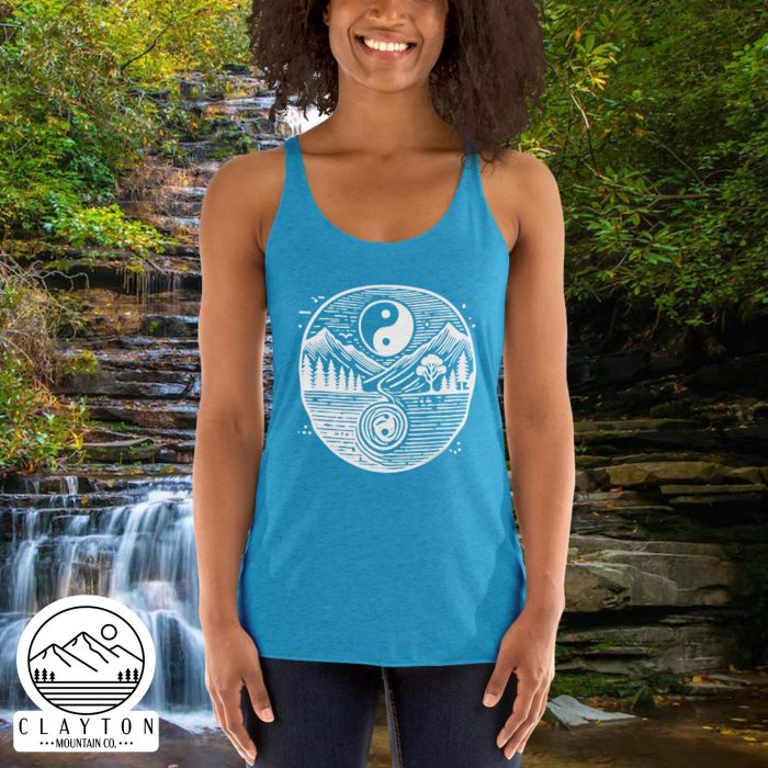 Harmonic Peaks Women's Racerback Tank – Balance, Comfort, and Style - Clayton, GA -Womens-Racerback-Tank-Top-Vintage-Turquoise-Front