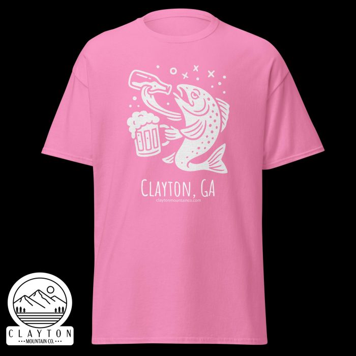 unisex-classic-tee-azalea-front-6a2e5d8991b1cjpg - Clayton Mountain Co. Pink T-shirt featuring a white graphic of a fish and beer, with 'Clayton, GA' and a small website URL visible beneath.