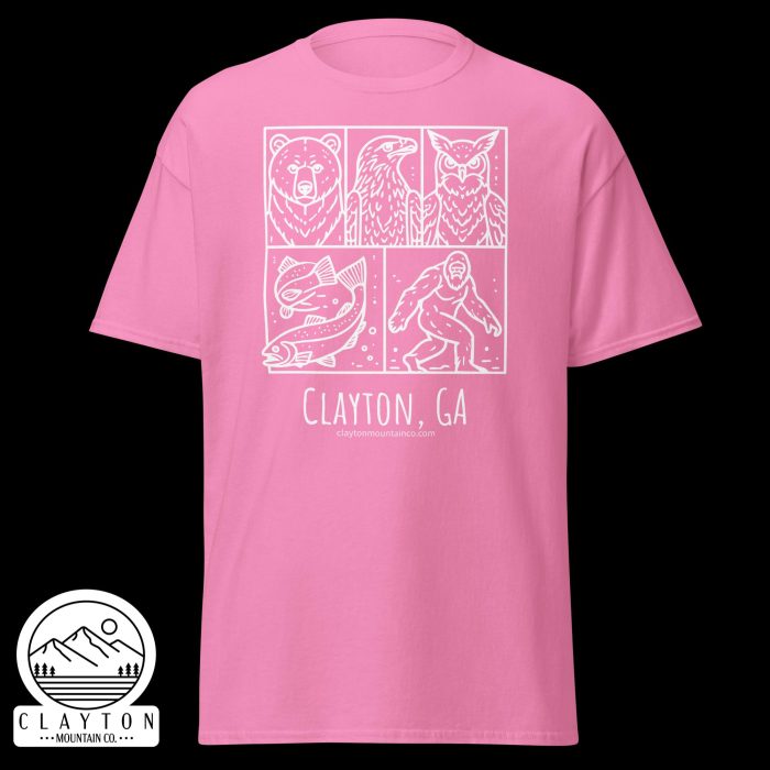 unisex-classic-tee-azalea-front-6a2e6635a2574jpg - Clayton Mountain Co. Pink t-shirt featuring a white comic panel design with a bear, an eagle, and an owl, plus outdoor icons and the text 'Clayton, GA' and 'claytonmountainco.com' underneath. A partial round sticker with mountains appears at the bottom left.