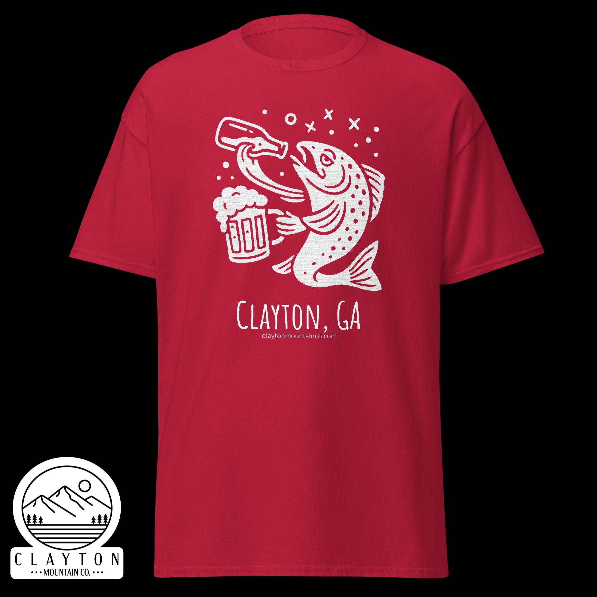 unisex-classic-tee-cardinal-front-6a2e5d89976efjpg - Clayton Mountain Co. Red T-shirt with a white graphic of a fish toasting a beer mug and round logo reading Clayton Mountain Co., Clayton, GA