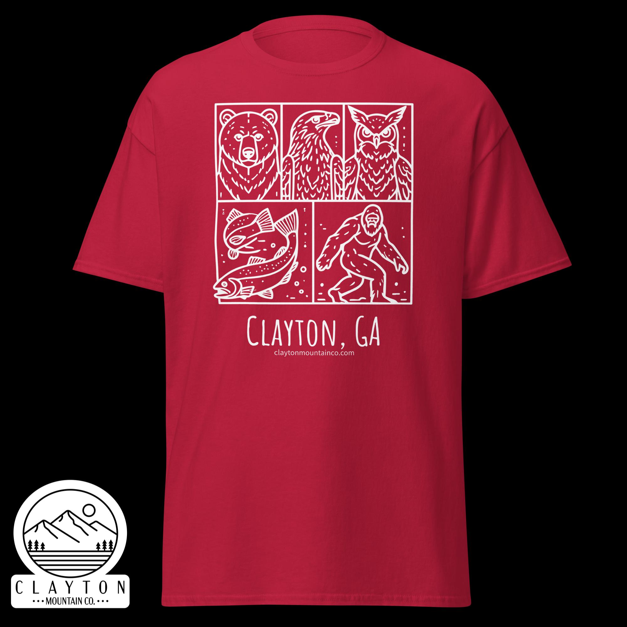 unisex-classic-tee-cardinal-front-6a2e6635a4beejpg - Clayton Mountain Co. Red T-shirt featuring a white four-panel graphic: bear, osprey, owl, fish—plus a circular mountain logo and Clayton, GA text at the bottom of the print.