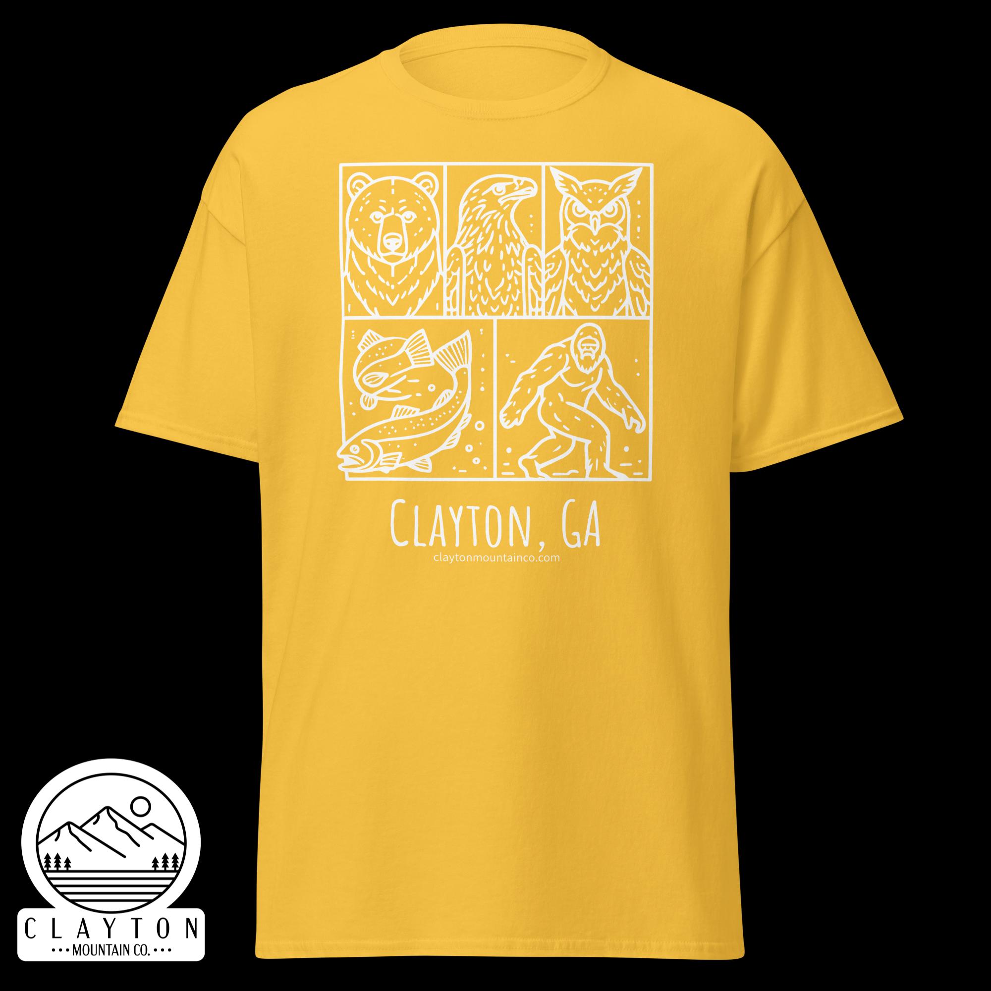 unisex-classic-tee-daisy-front-6a2e6635a8163jpg - Clayton Mountain Co. Yellow T-shirt featuring white line-art panels of a bear, an eagle, and an owl above smaller icons, with 'Clayton, GA' text and a mountain logo at the bottom.