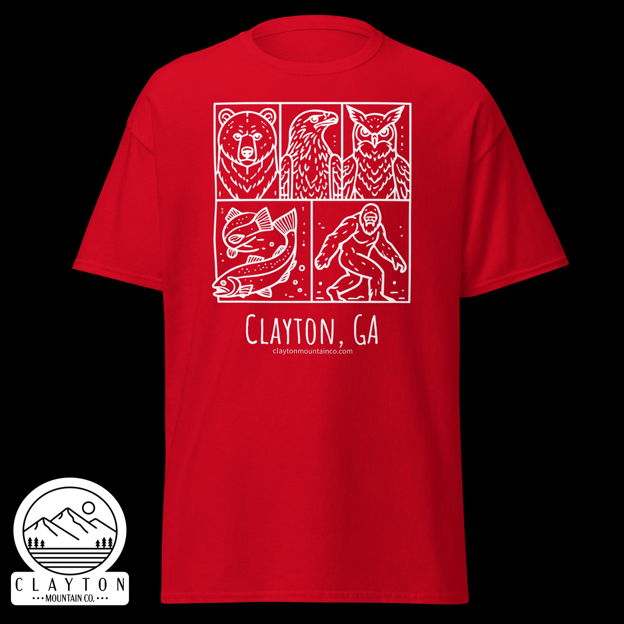 unisex-classic-tee-red-front-6a2e6635b045fjpg - Clayton Mountain Co. Red T-shirt with white four-panel graphic: bear, eagle, fish, and climber; Clayton, GA branding and mountain logo.